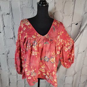 Bucketlist Floral Babydoll Boho Blouse Top Balloon Sleeves Relaxed Fit Hippie L
